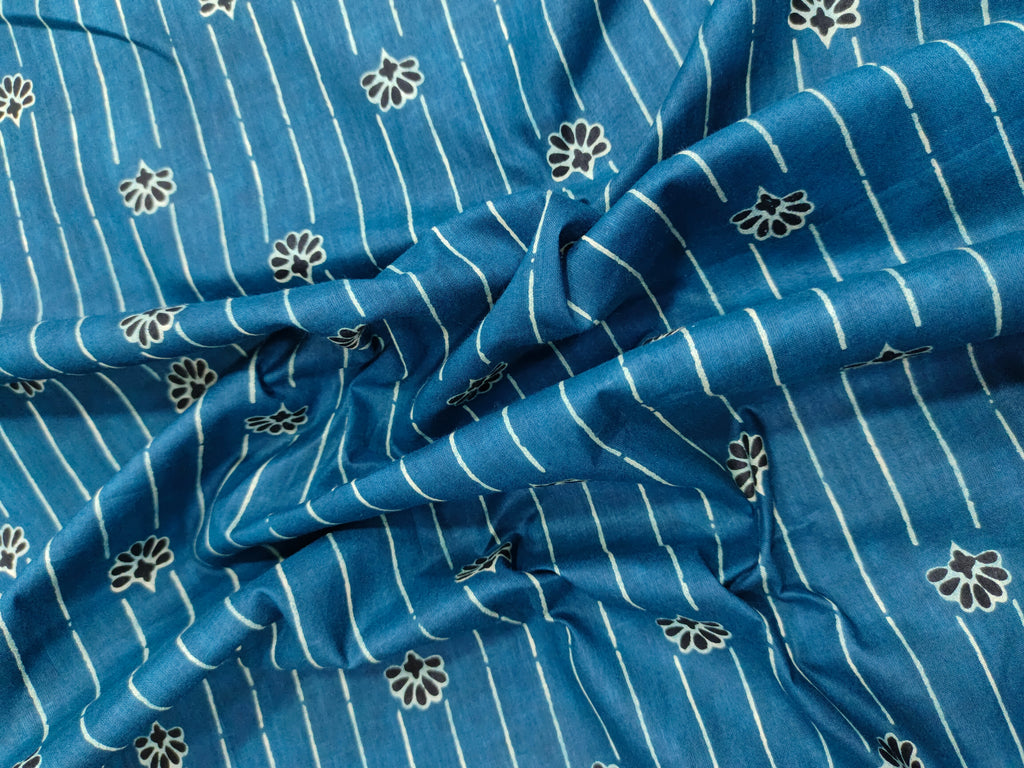 Peacock blue cotton screen print fabric with stripes and flowers