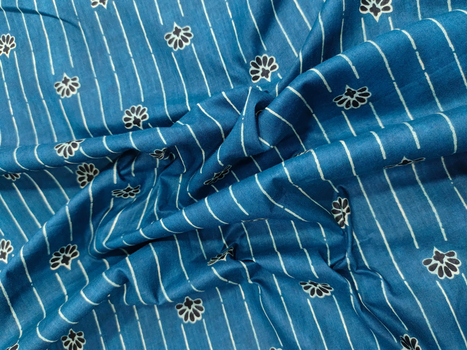 Peacock blue cotton screen print fabric with stripes and flowers