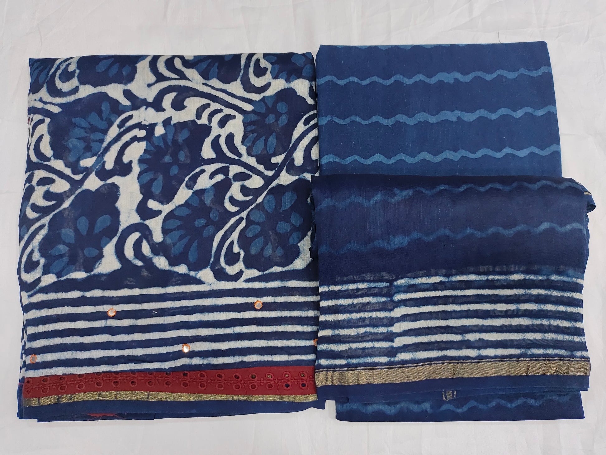Indigo daboo chander sik fabric with hand block print added with chanderi silk dupatta