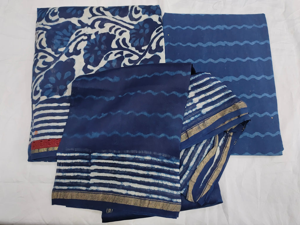 Indigo daboo chander sik fabric with hand block print added with chanderi silk dupatta