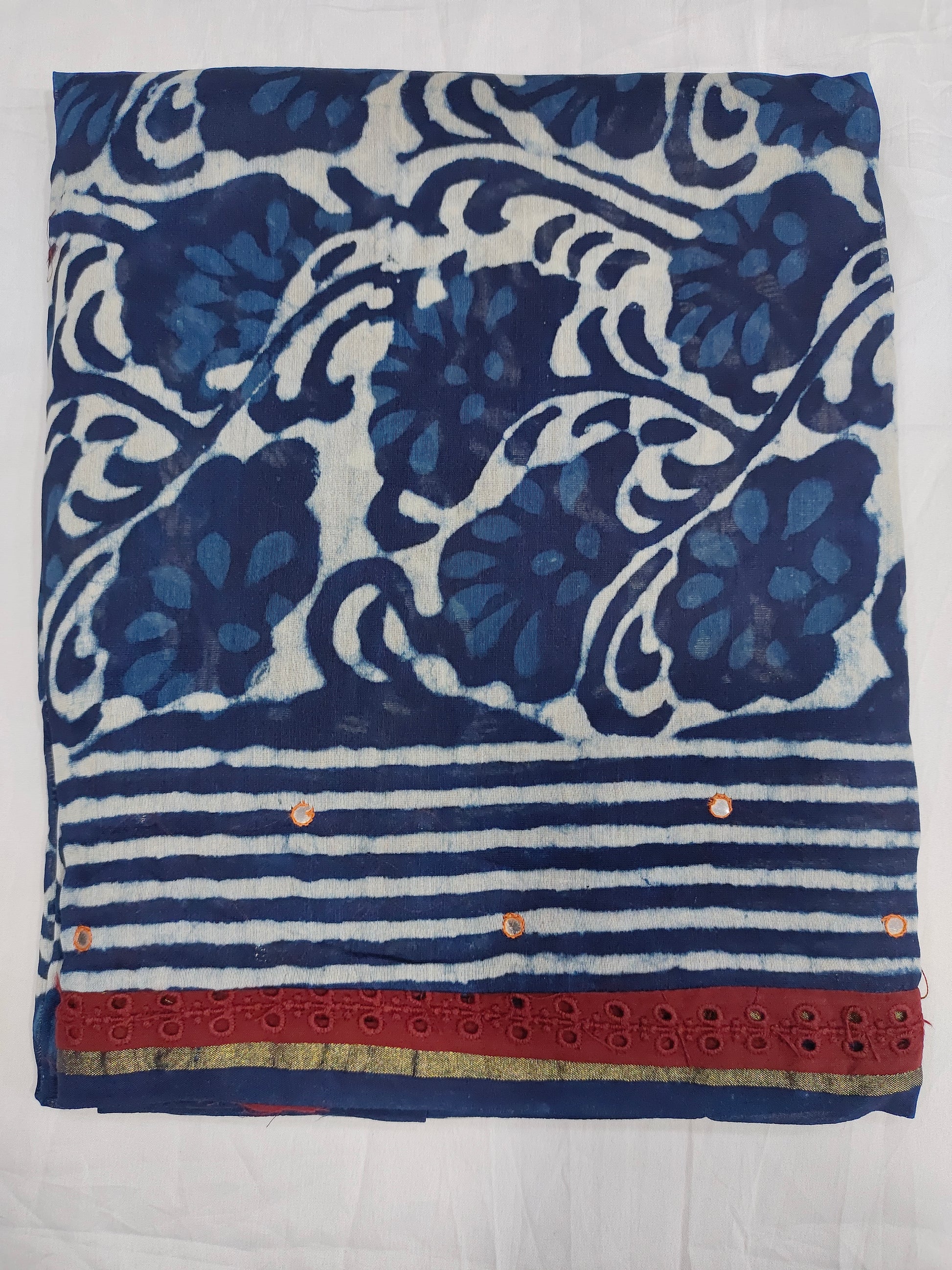Indigo daboo chander sik fabric with hand block print added with chanderi silk dupatta