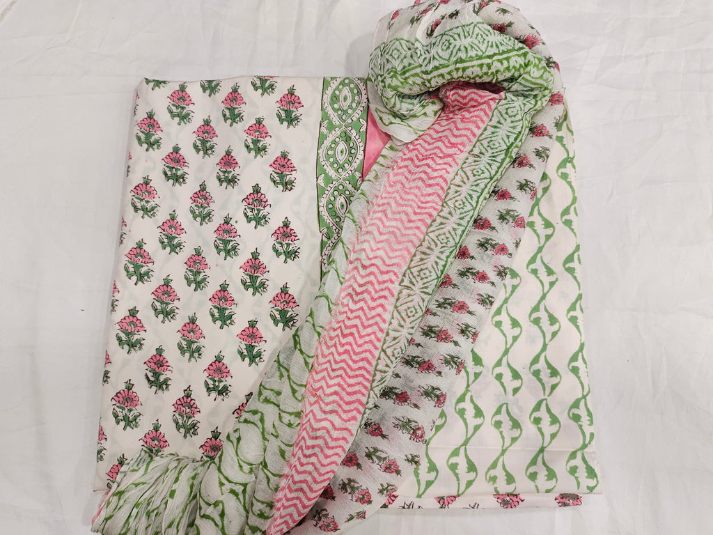 Lizzy bizzy hand block print with pink and green added withpure crepe dupatta