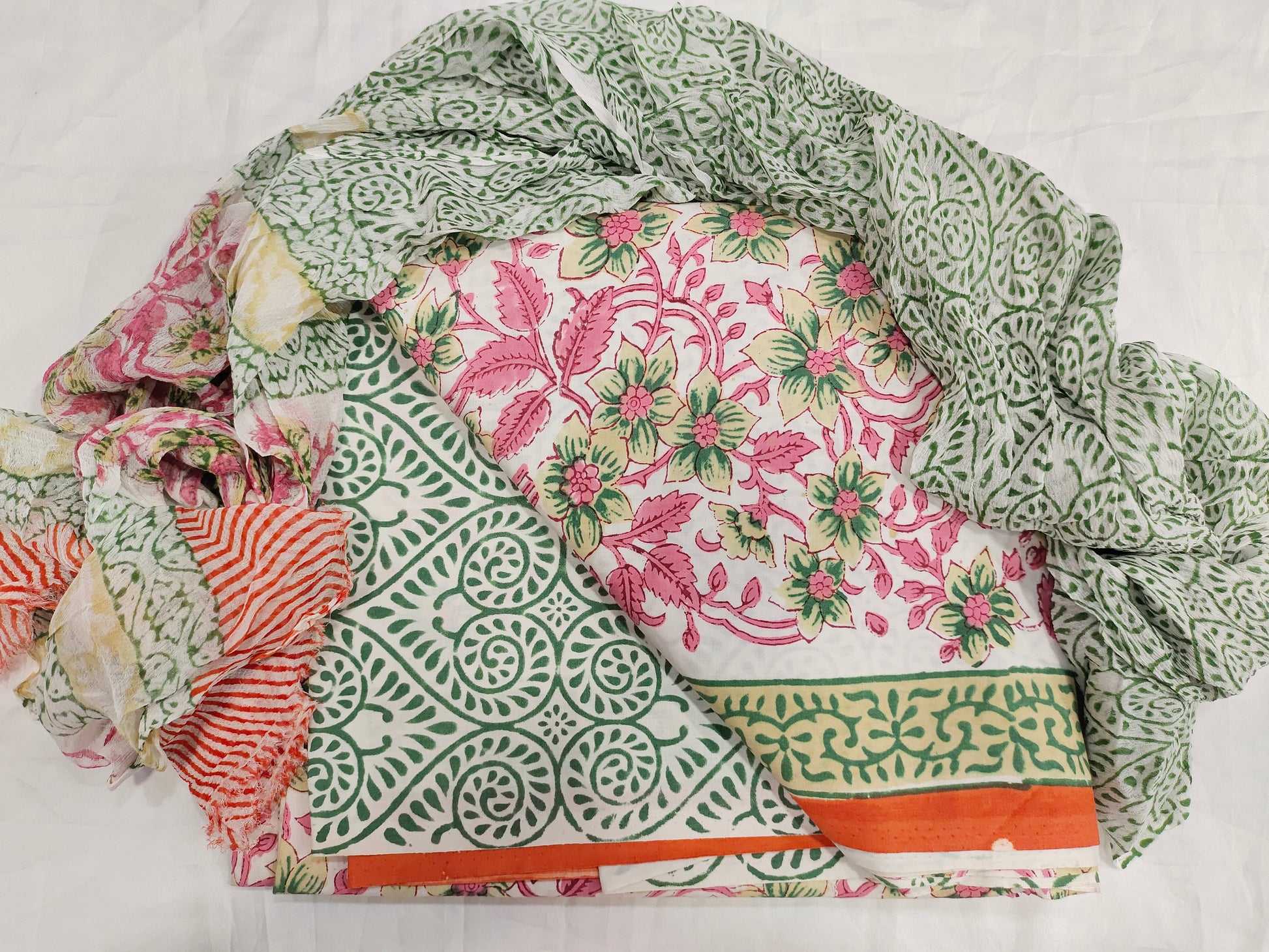 Lizzy bizzy hand block print with pink and green with pure crepe dupatta