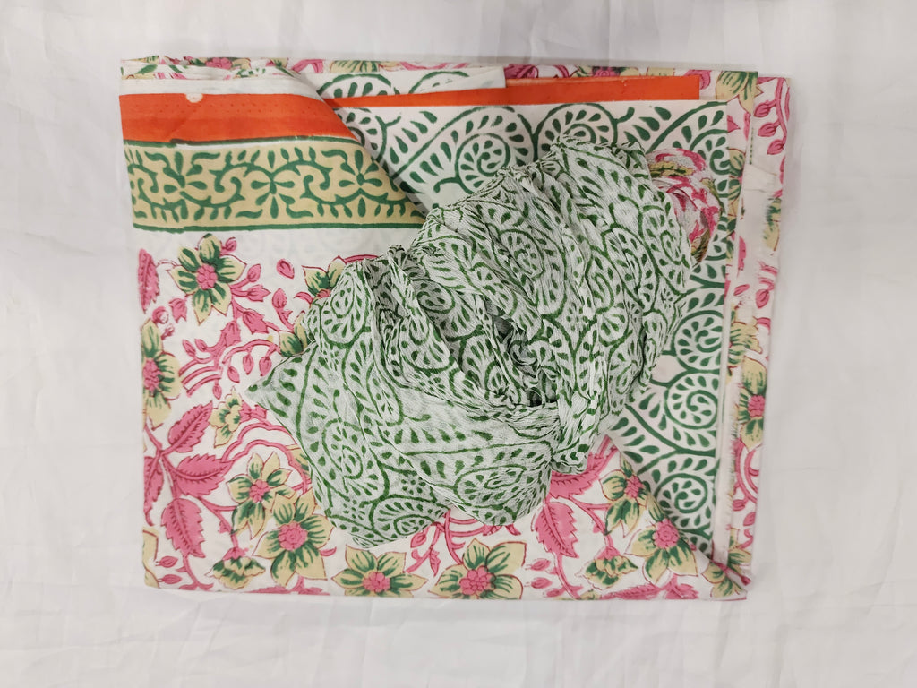 Lizzy bizzy hand block print with pink and green with pure crepe dupatta