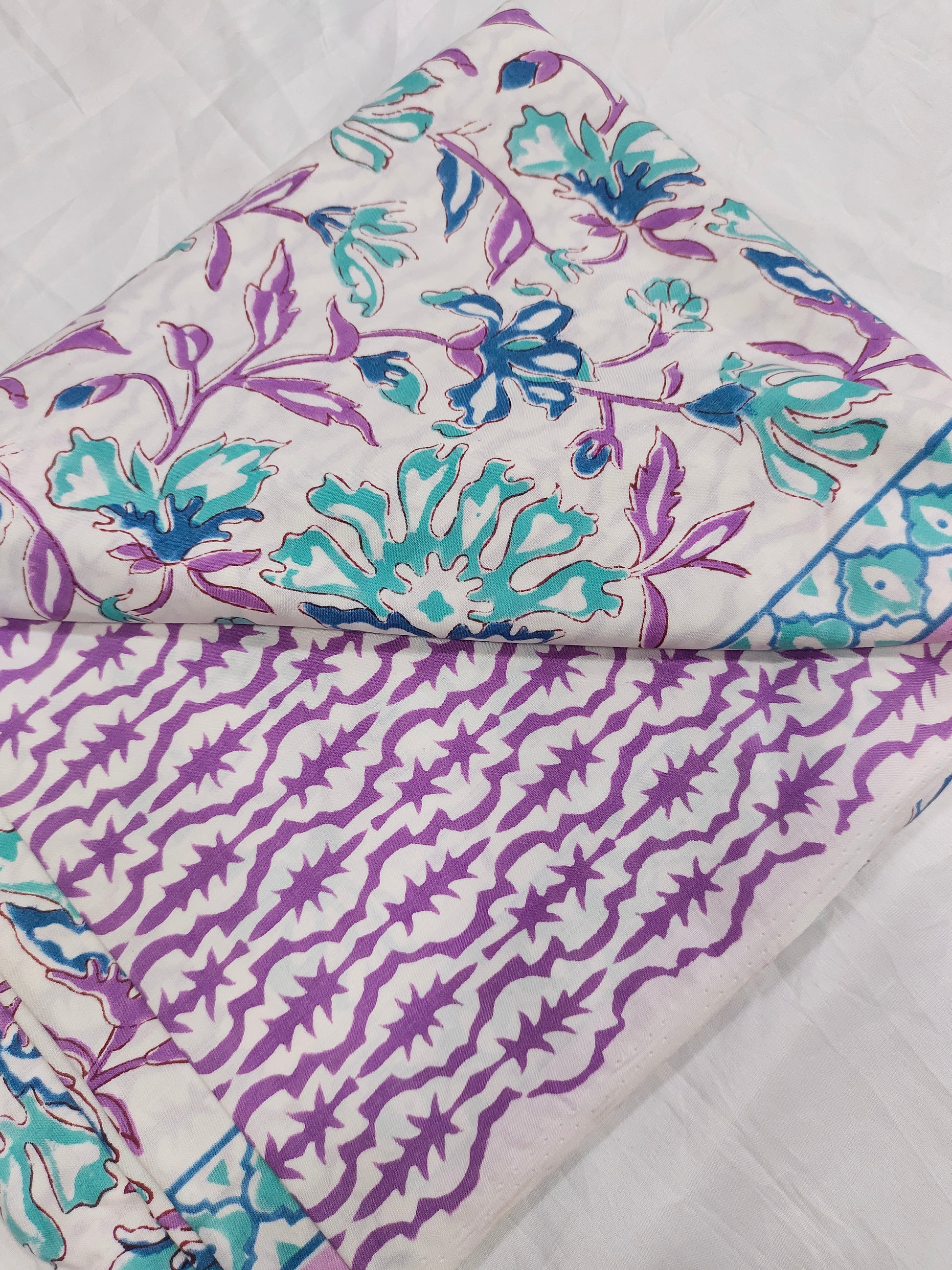 Lizzy bizzy pure handblock print with green and purple and pure crepe dupatta