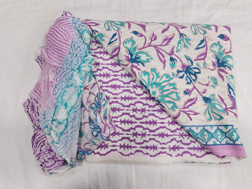 Lizzy bizzy pure handblock print with green and purple and pure crepe dupatta