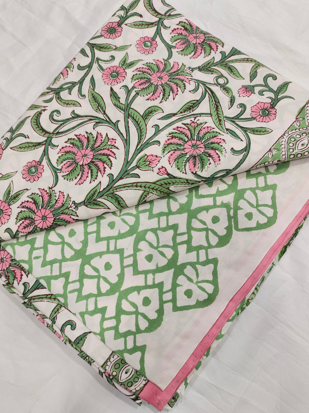 Lizzy bizzy pure handblock pink and green print and crepe dupatta