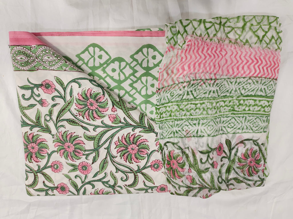 Lizzy bizzy pure handblock pink and green print and crepe dupatta