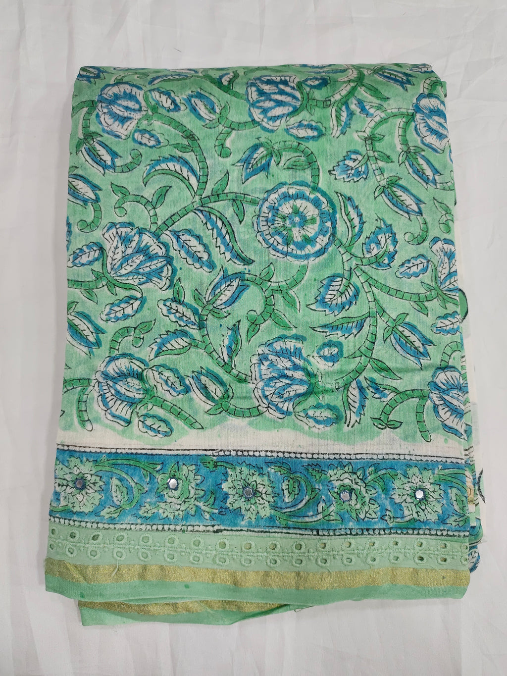 Green chanderi silk hand block printed fabric with chanderi silk dupatta