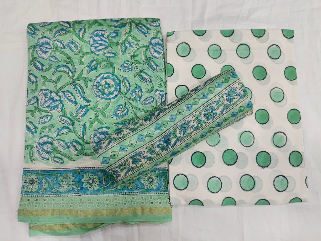 Green chanderi silk hand block printed fabric with chanderi silk dupatta