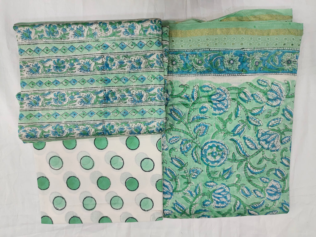 Green chanderi silk hand block printed fabric with chanderi silk dupatta