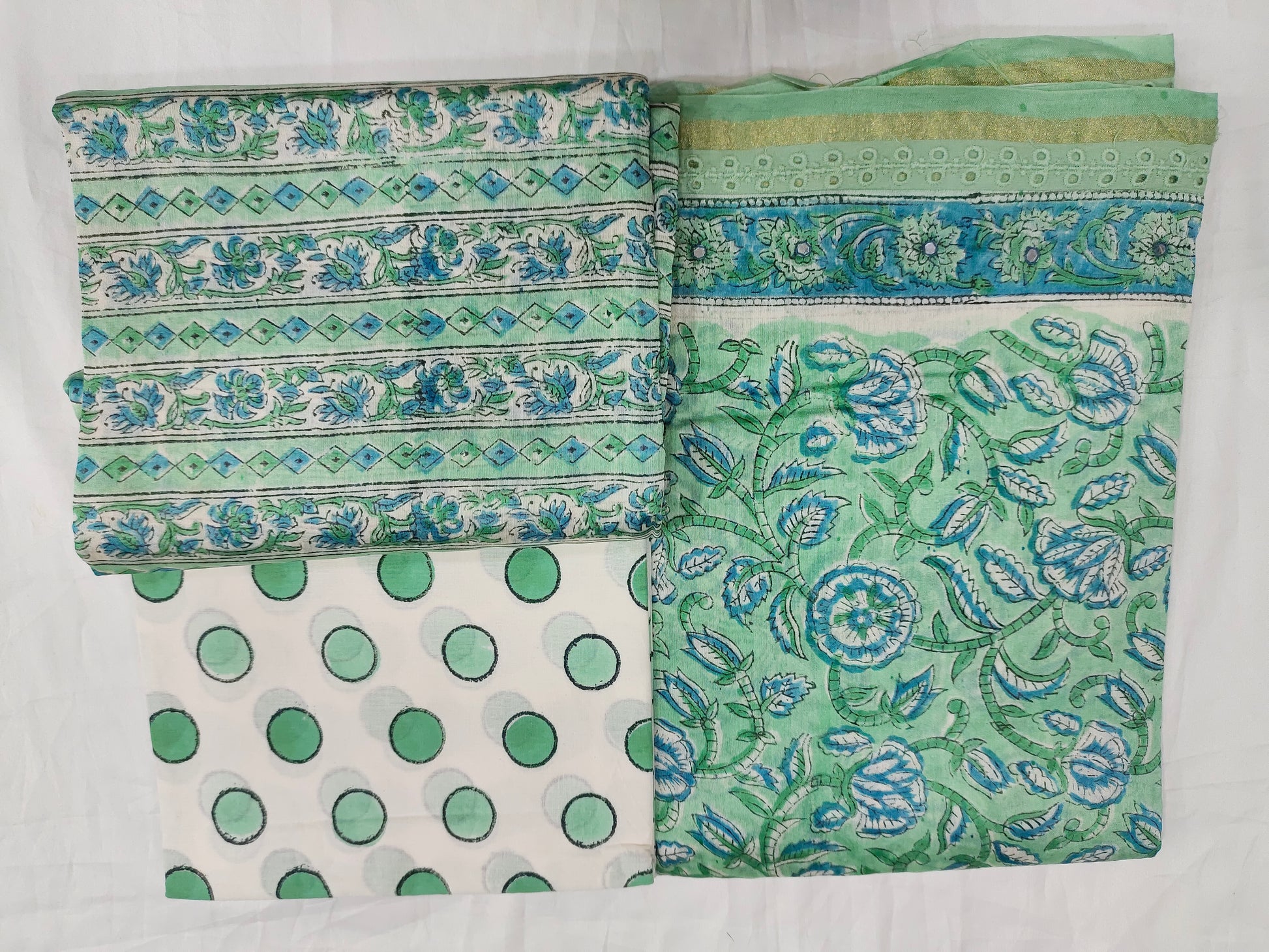 Green chanderi silk hand block printed fabric with chanderi silk dupatta