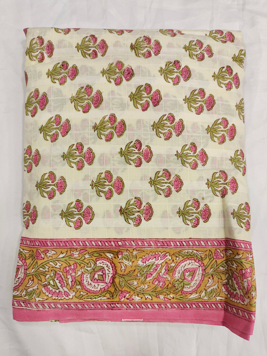 Cotton checks with handblock pink print and patchwork dupatta