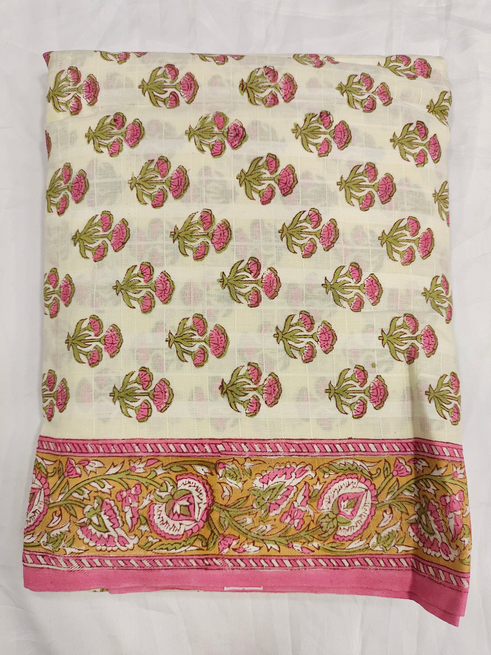 Cotton checks with handblock pink print and patchwork dupatta