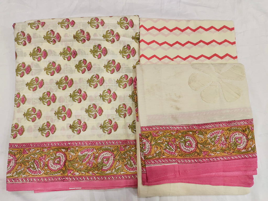 Cotton checks with handblock pink print and patchwork dupatta