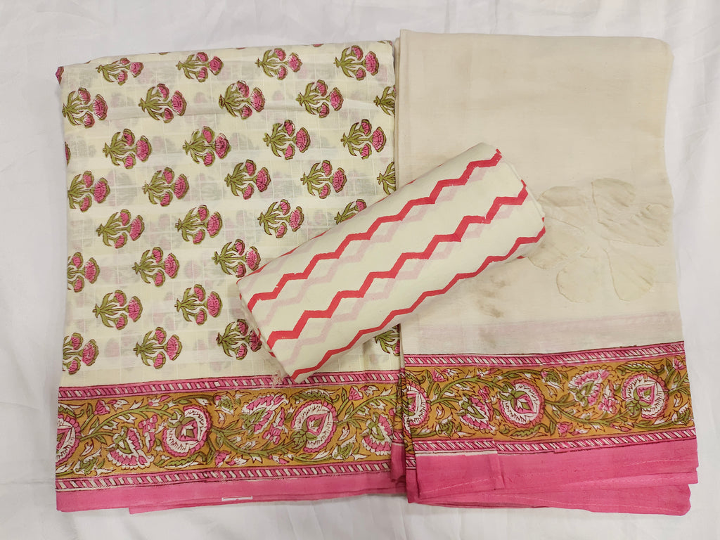 Cotton checks with handblock pink print and patchwork dupatta