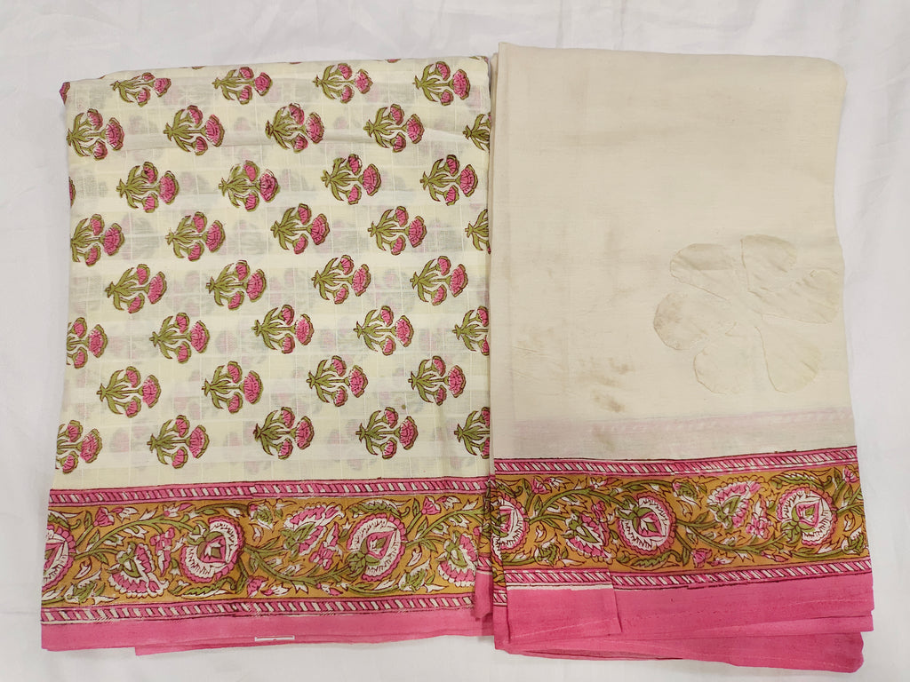 Cotton checks with handblock pink print and patchwork dupatta