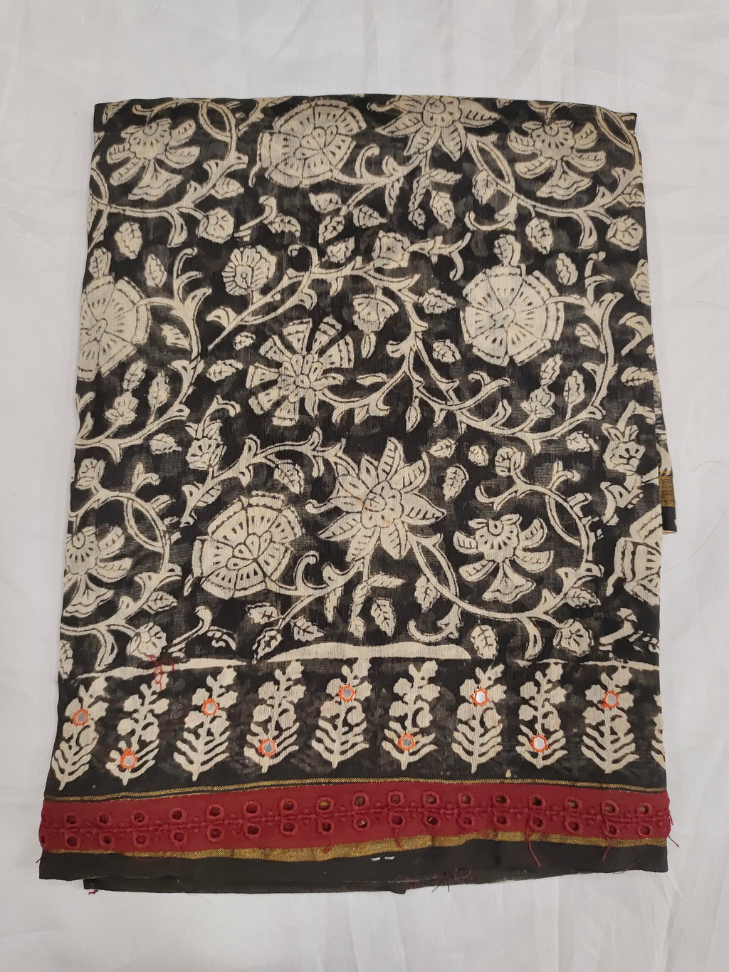 Black chanderi silk with cream block print with maroon border and chanderi silk dupatta