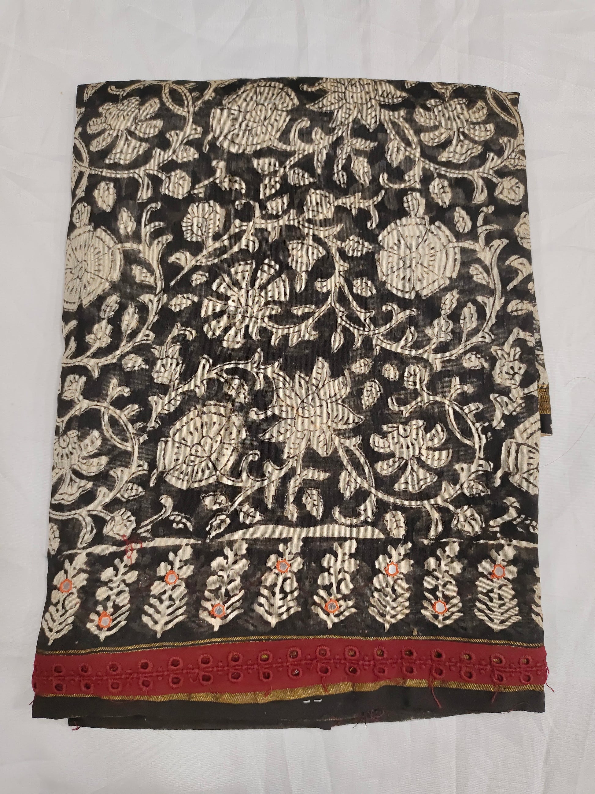 Black chanderi silk with cream block print with maroon border and chanderi silk dupatta