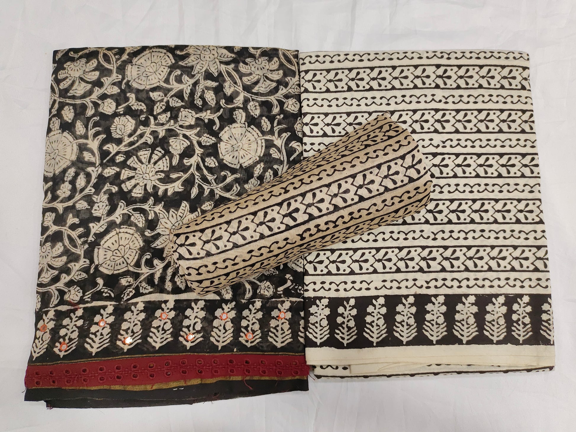 Black chanderi silk with cream block print with maroon border and chanderi silk dupatta
