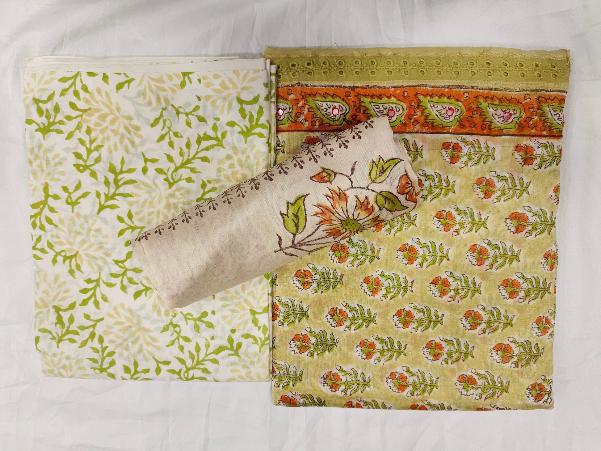 Beige chanderi silk with red and green hand block print and chanderi silk dupatta