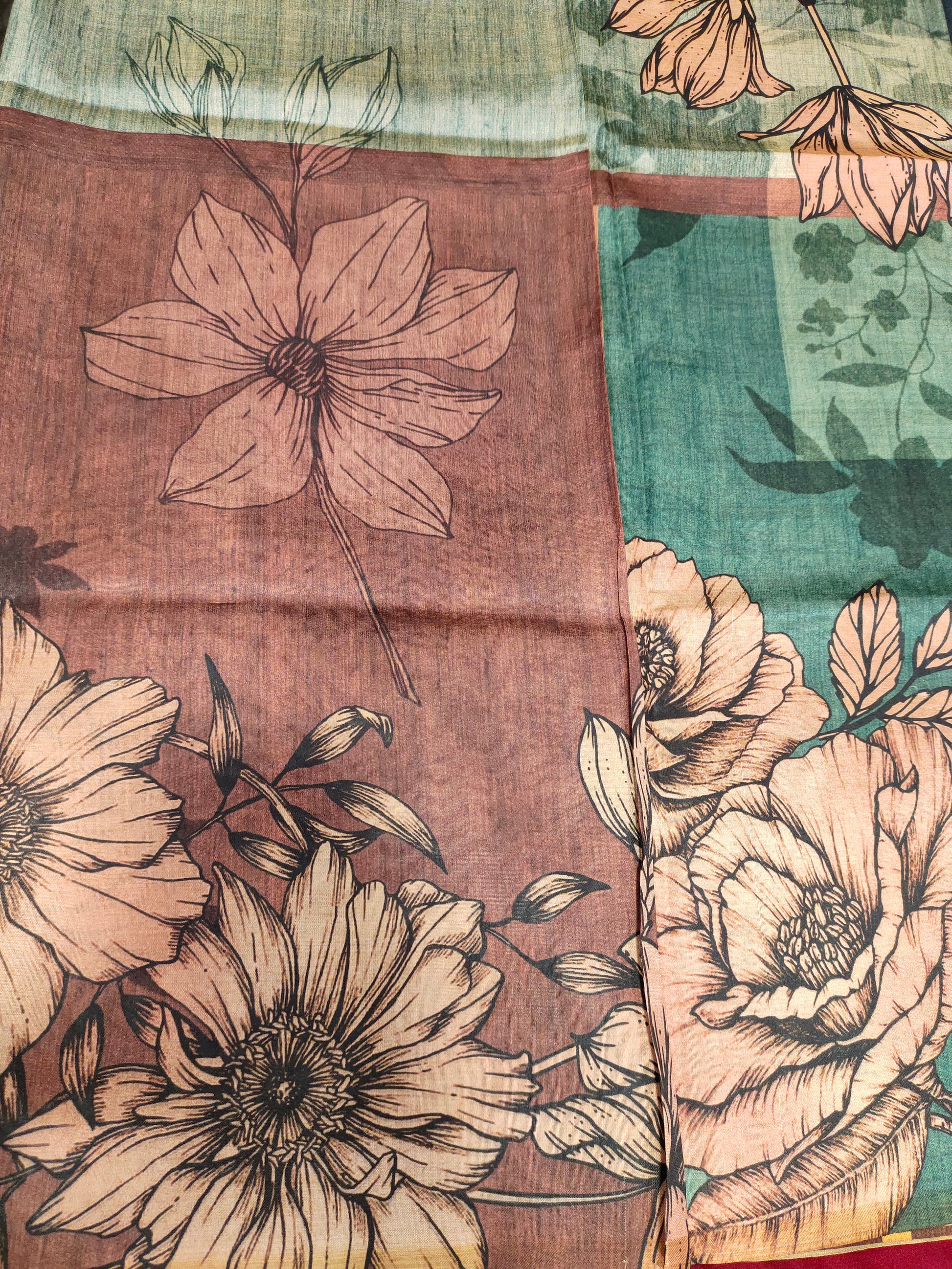 Diya silk floral digital print green and brown color