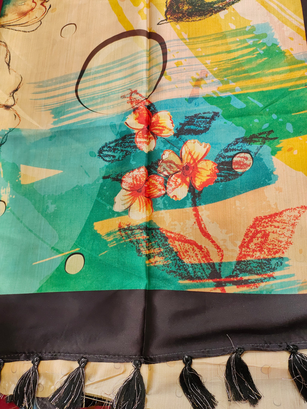 Diya silk digital print with green yellow and dark brown