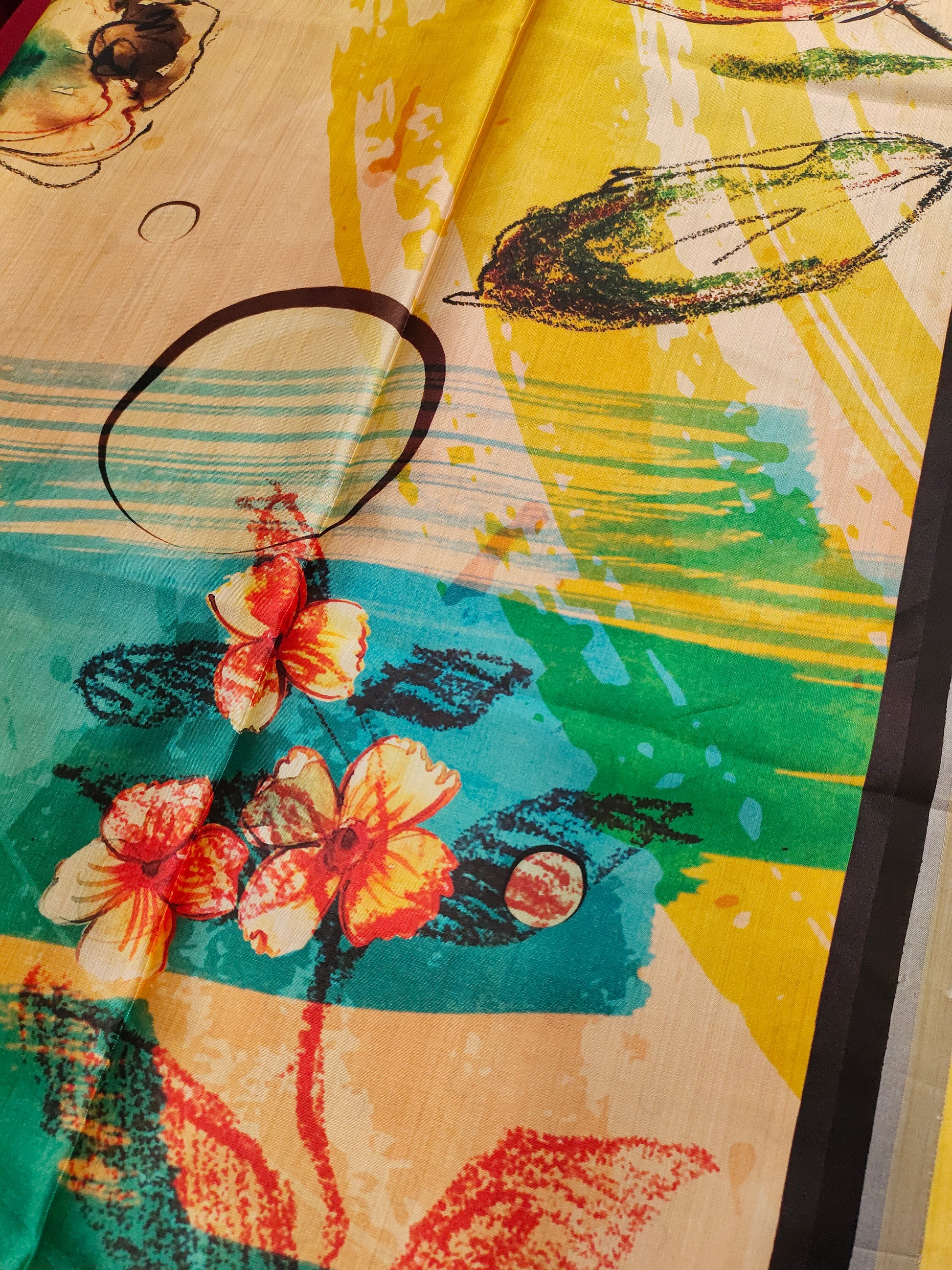 Diya silk digital print with green yellow and dark brown