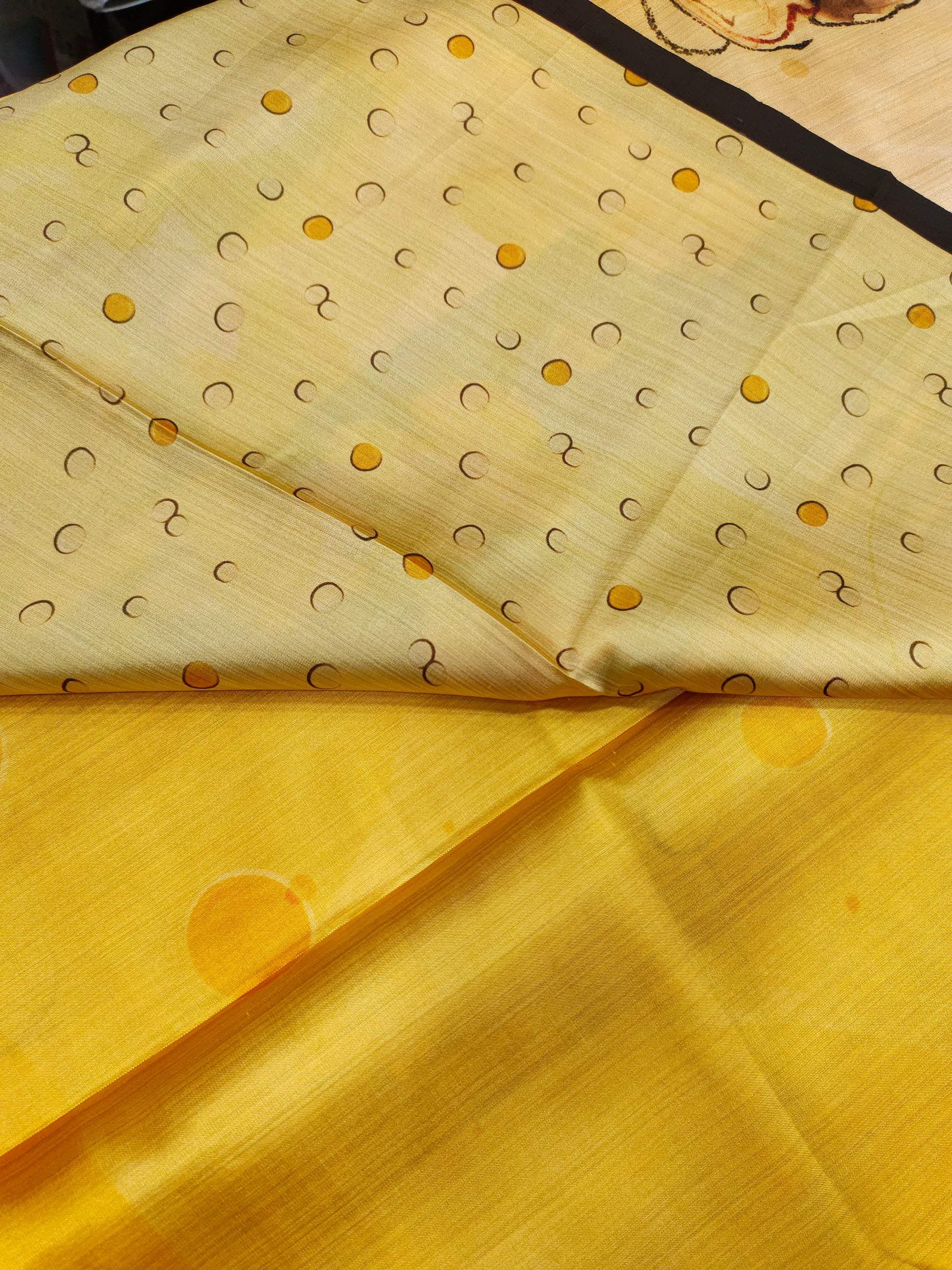 Diya silk digital print with green yellow and dark brown