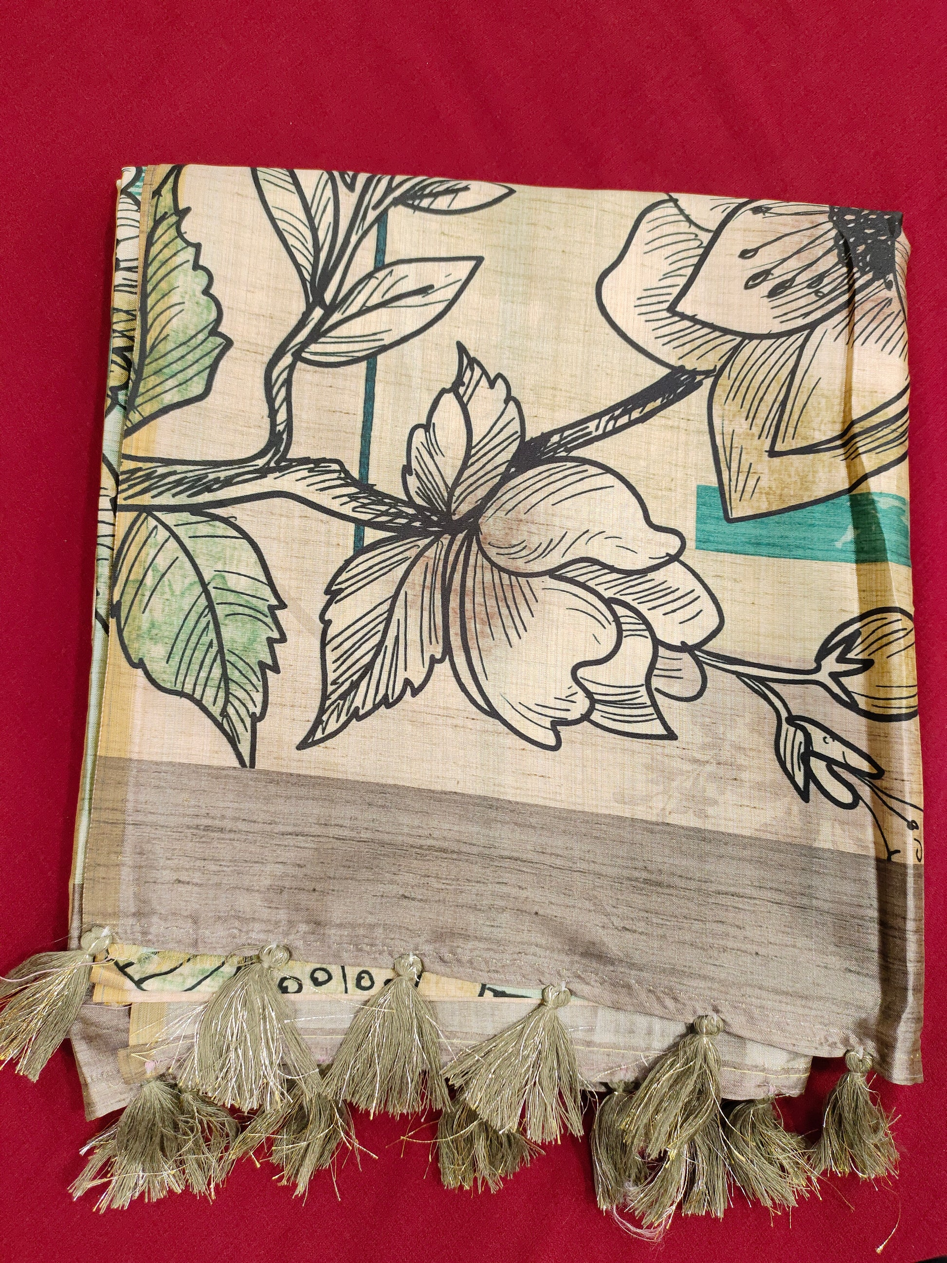 Light green and beige diya silk fabric digital print with black and green