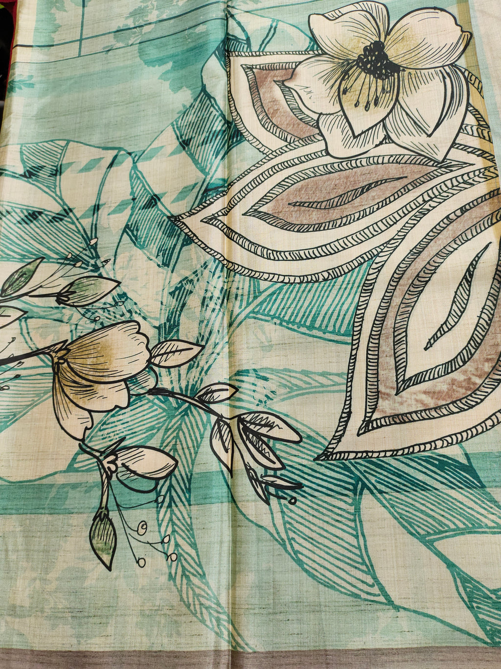 Light green and beige diya silk fabric digital print with black and green