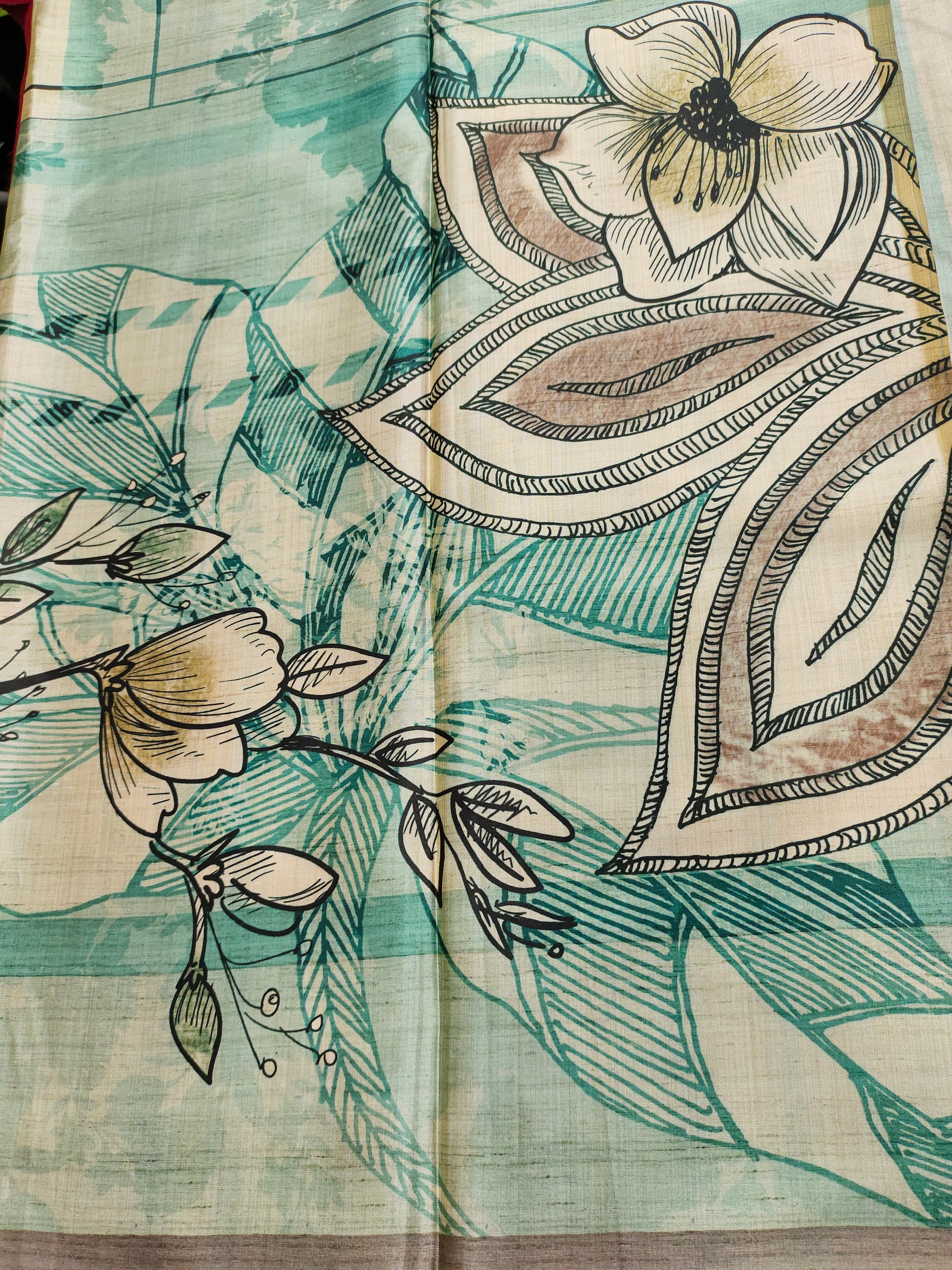 Light green and beige diya silk fabric digital print with black and green