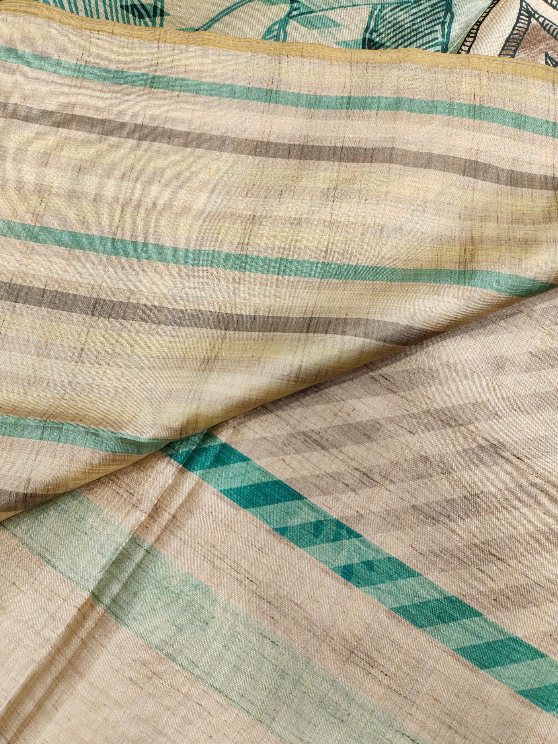 Light green and beige diya silk fabric digital print with black and green