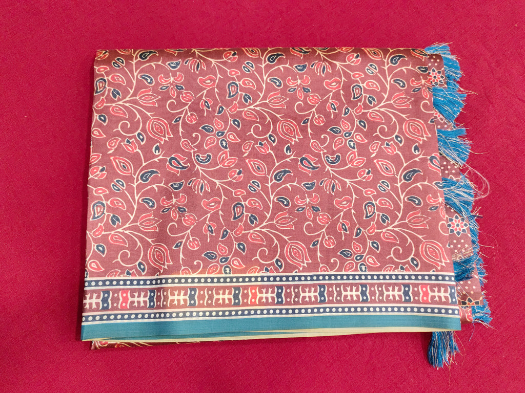 Maroon base diya silk digital print peacock blue and beige color