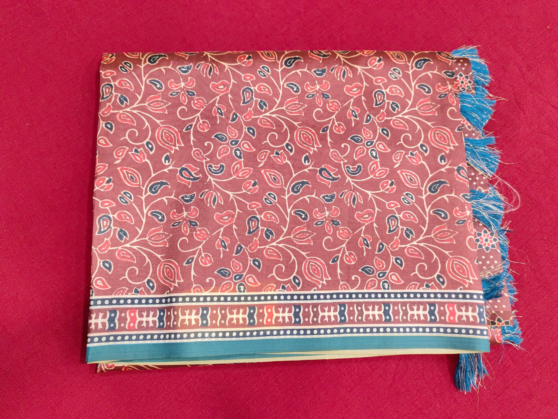 Maroon base diya silk digital print peacock blue and beige color