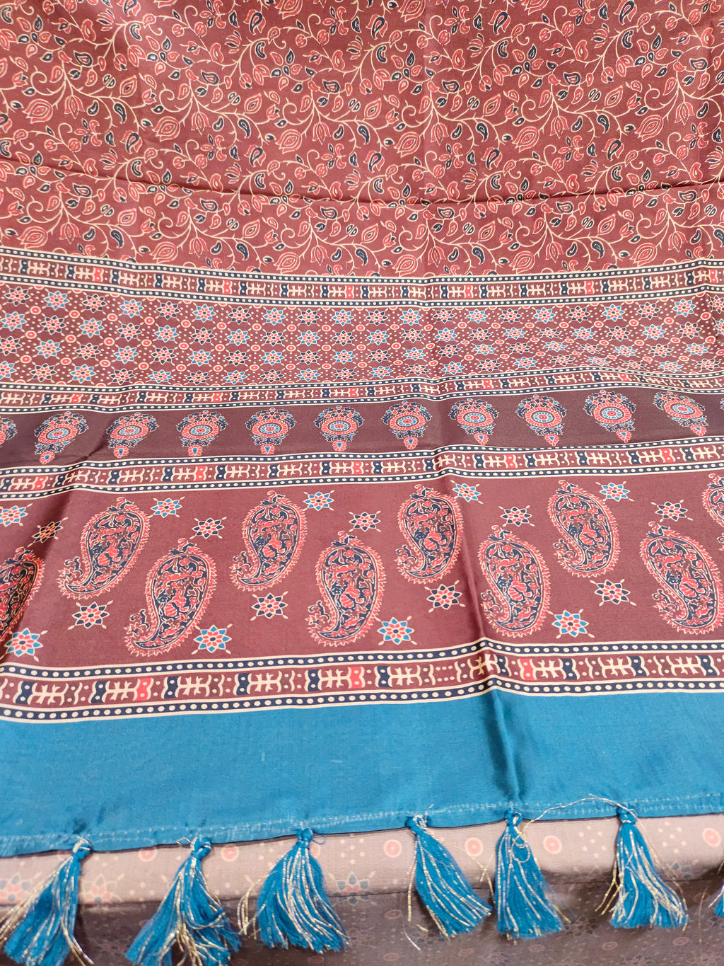 Maroon base diya silk digital print peacock blue and beige color