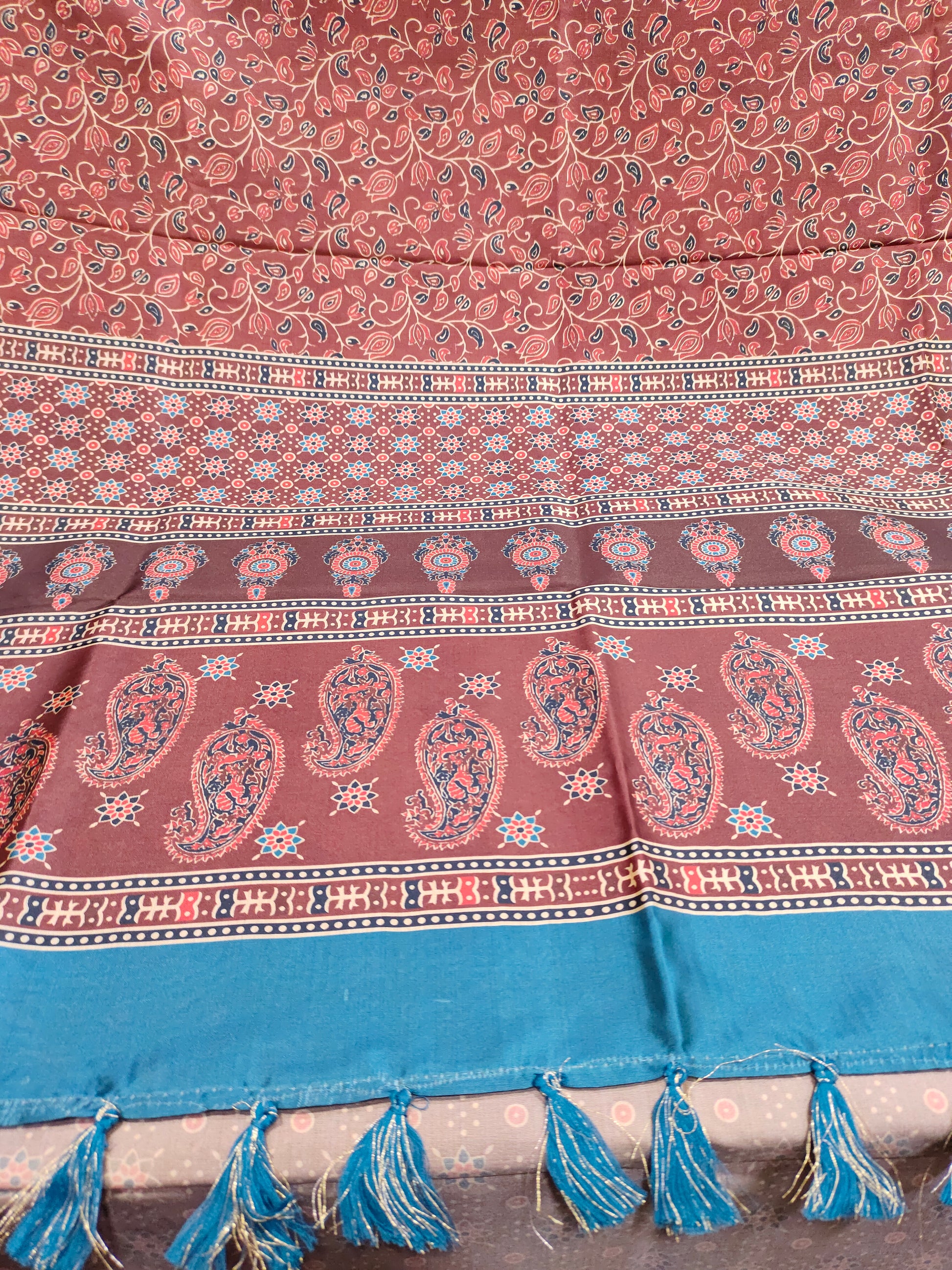 Maroon base diya silk digital print peacock blue and beige color