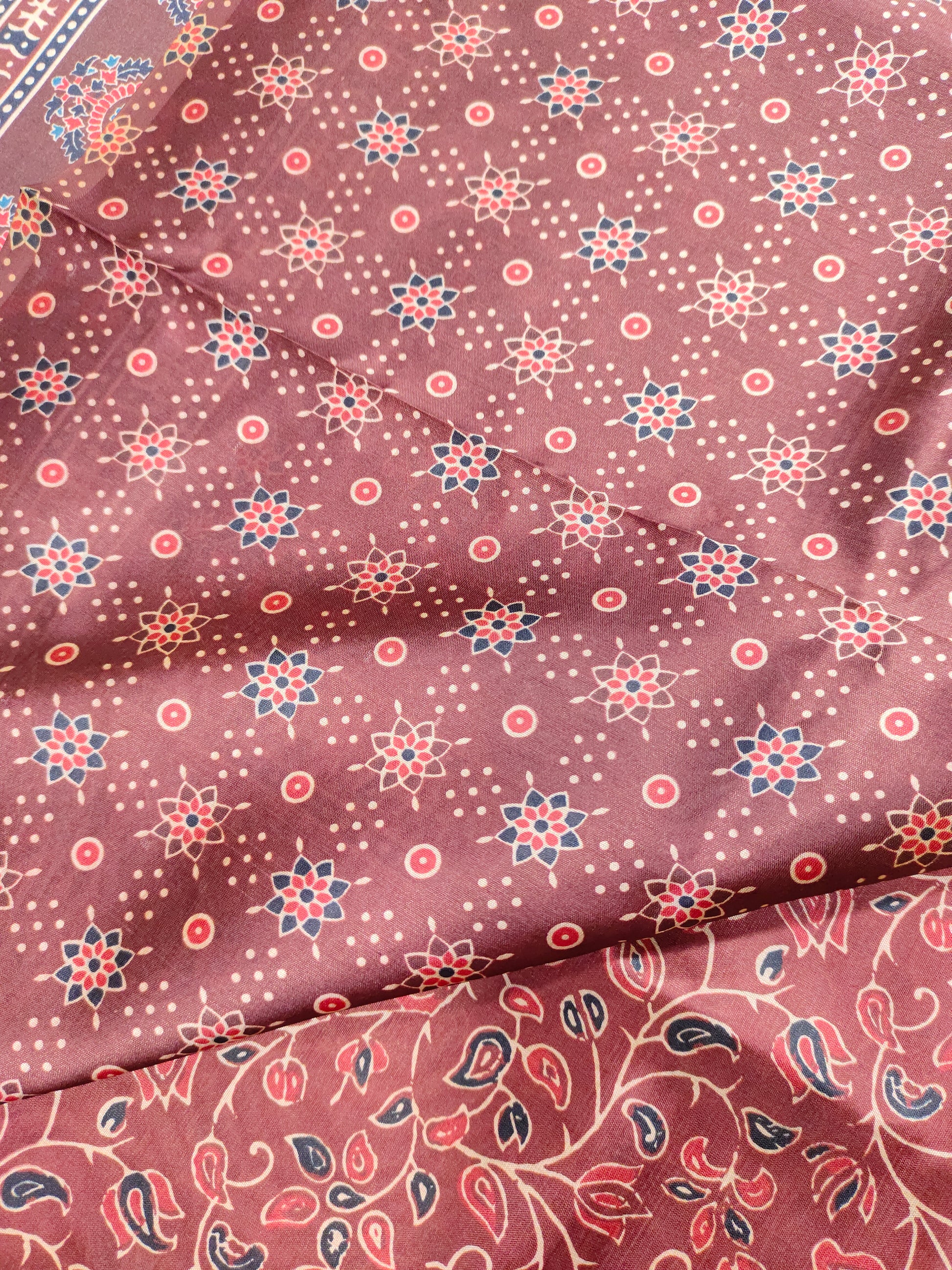 Maroon base diya silk digital print peacock blue and beige color
