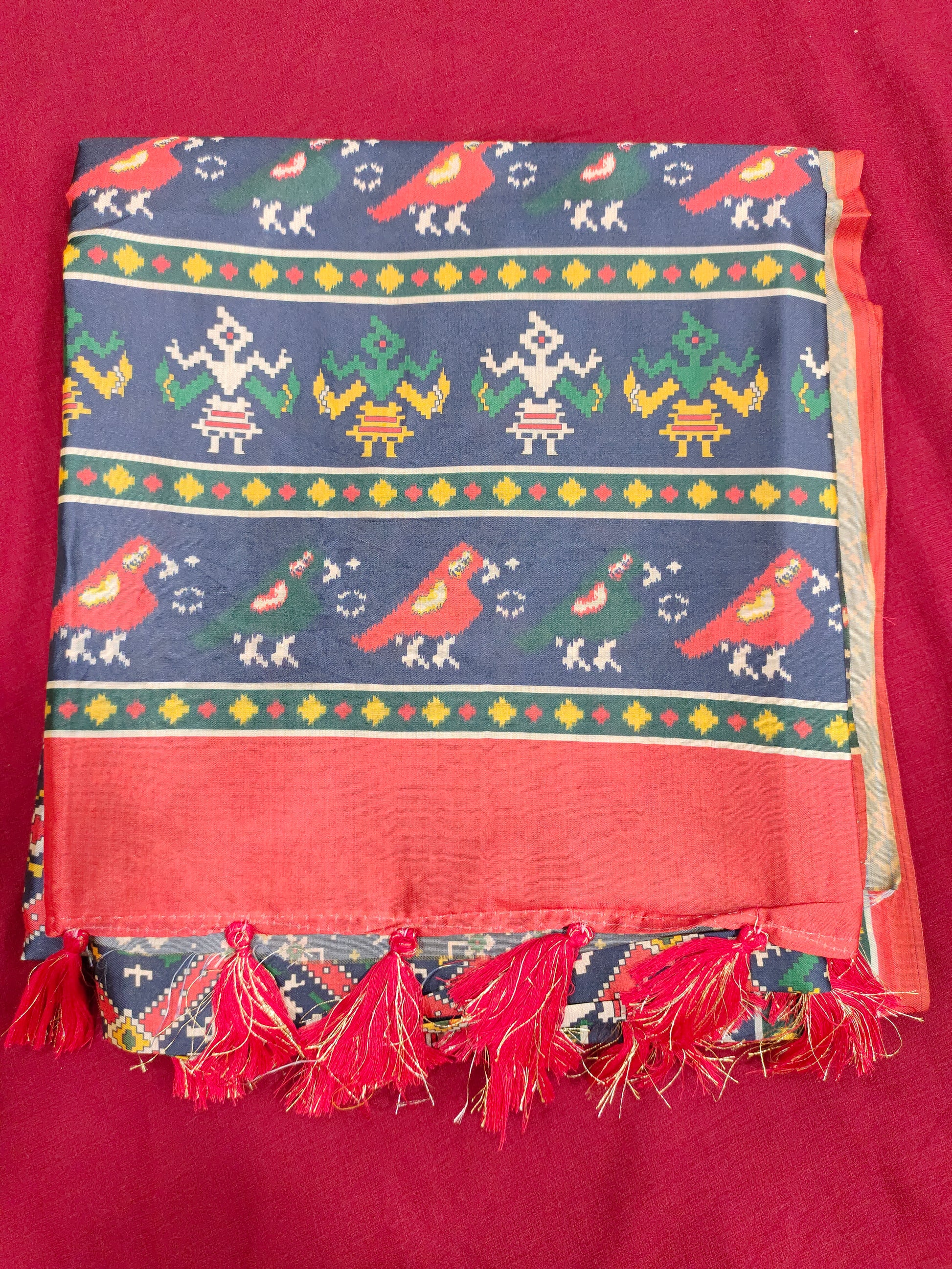 Diya silk saree with navy blue and red digital print patola type