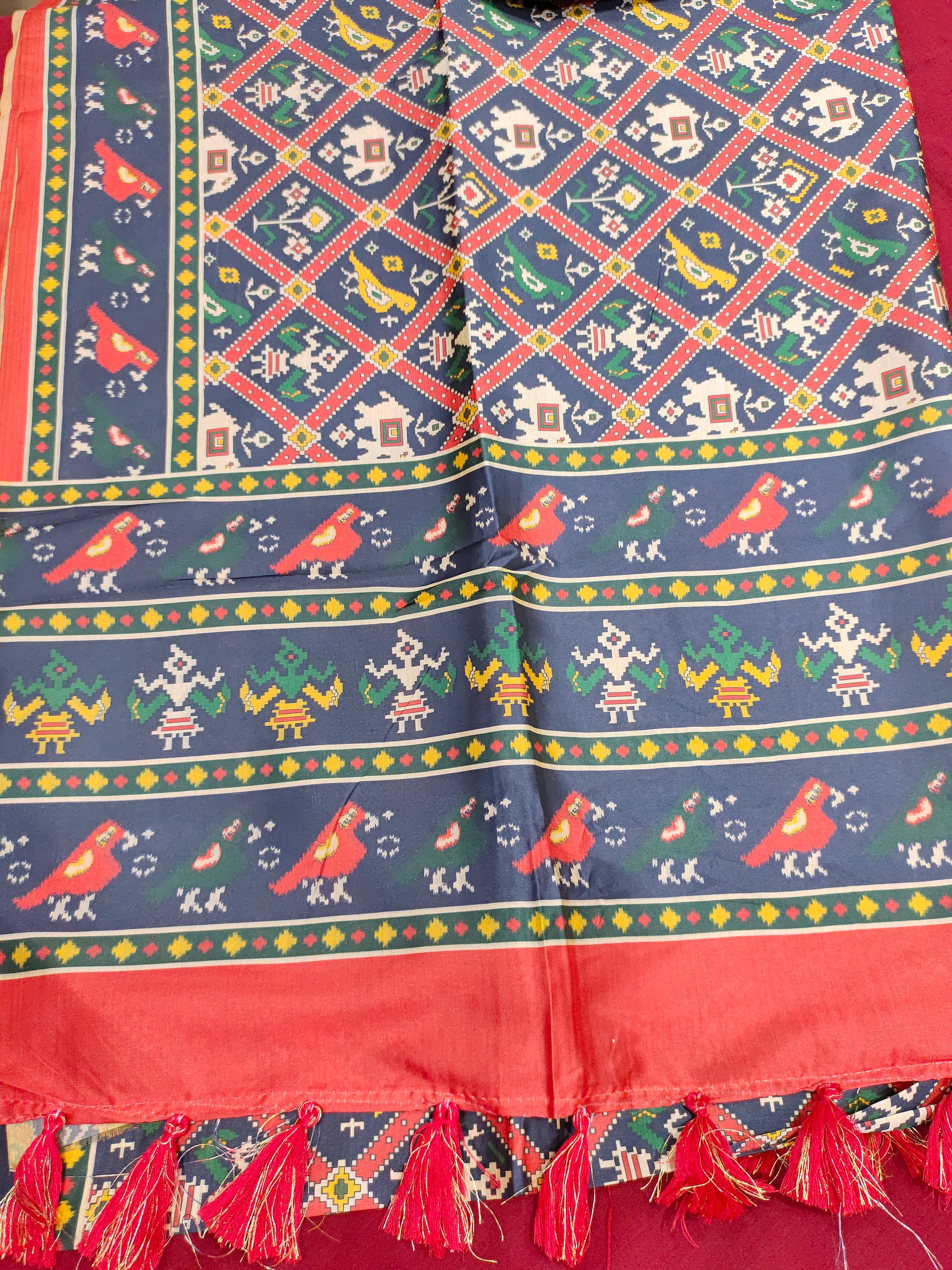 Diya silk saree with navy blue and red digital print patola type