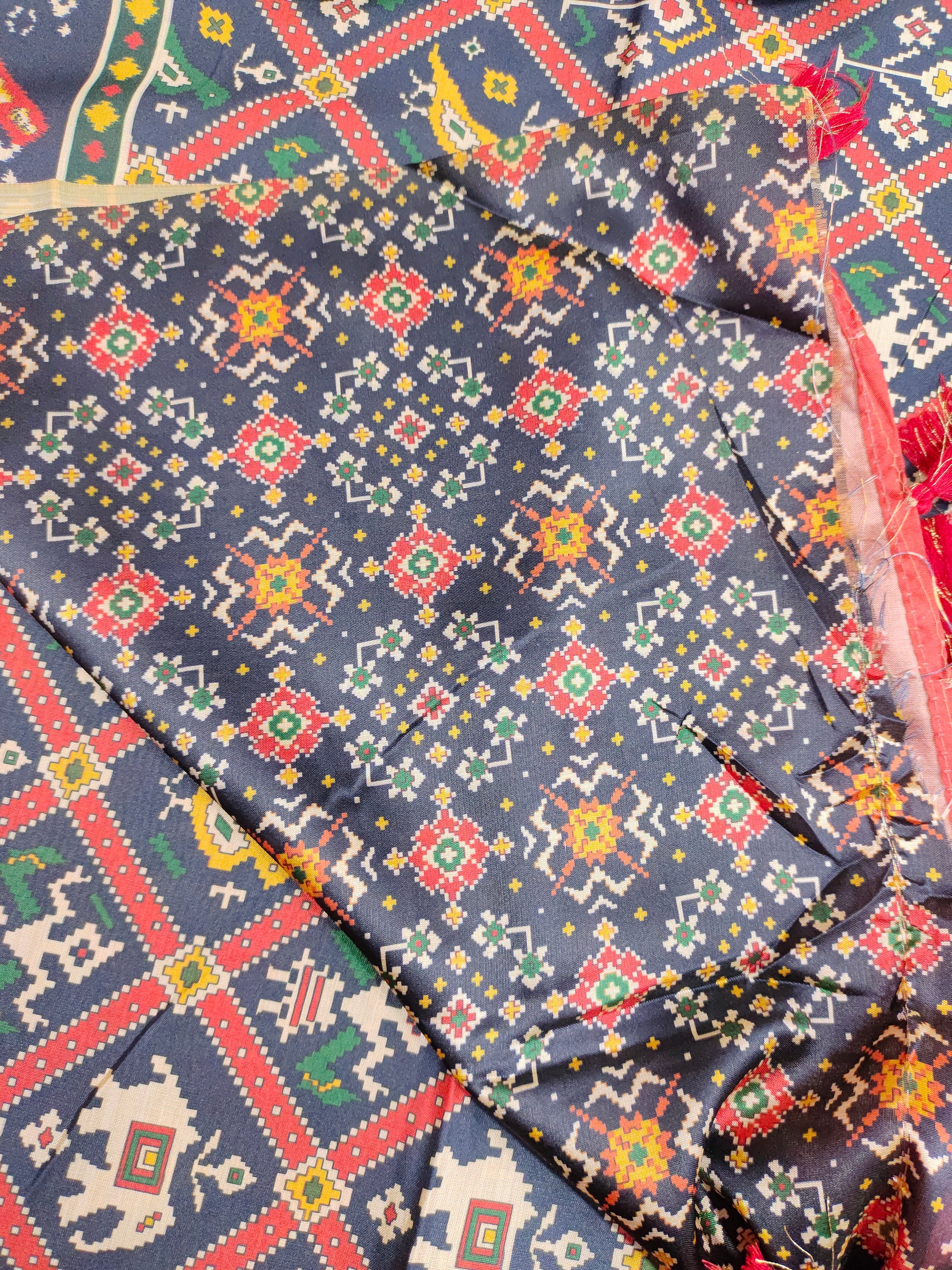 Diya silk saree with navy blue and red digital print patola type