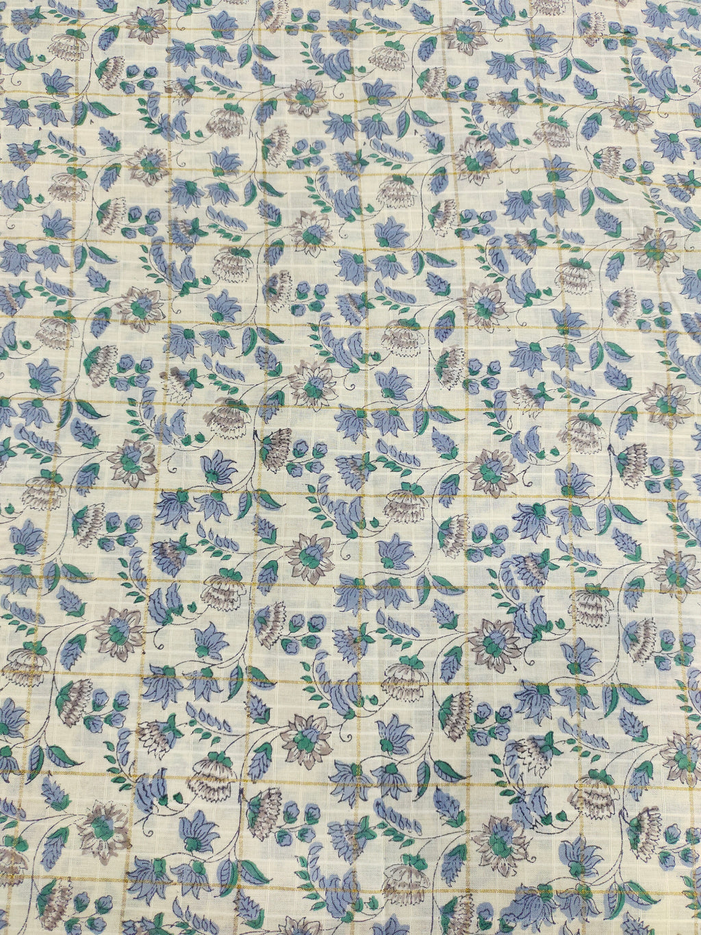 Cotton handblock print in blue and grey wiyh gold checks