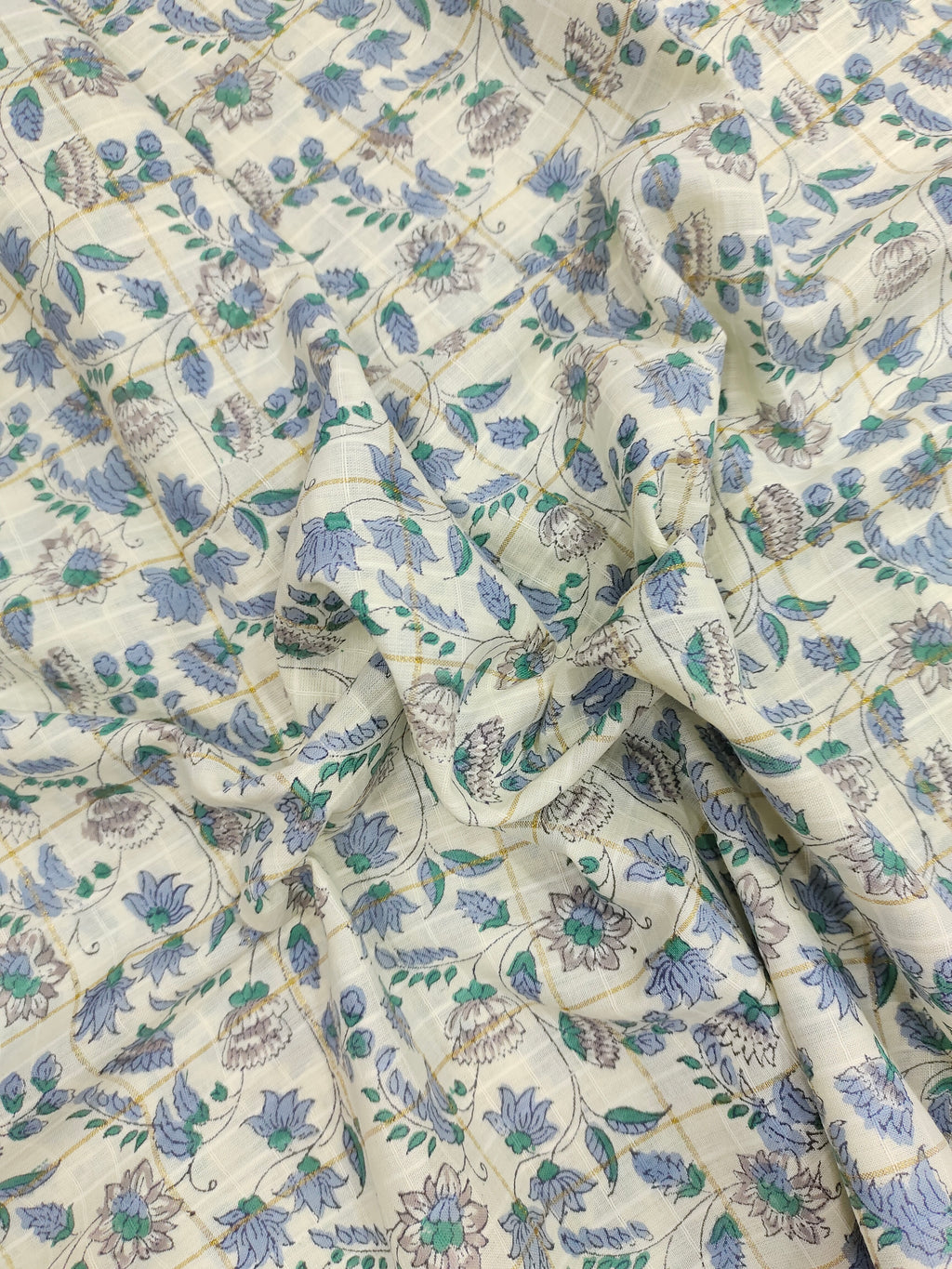 Cotton handblock print in blue and grey wiyh gold checks