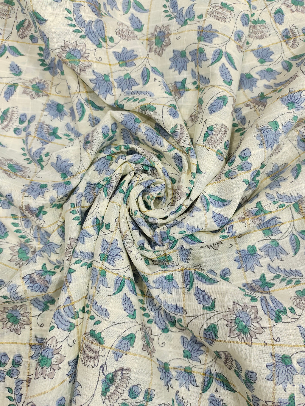 Cotton handblock print in blue and grey wiyh gold checks