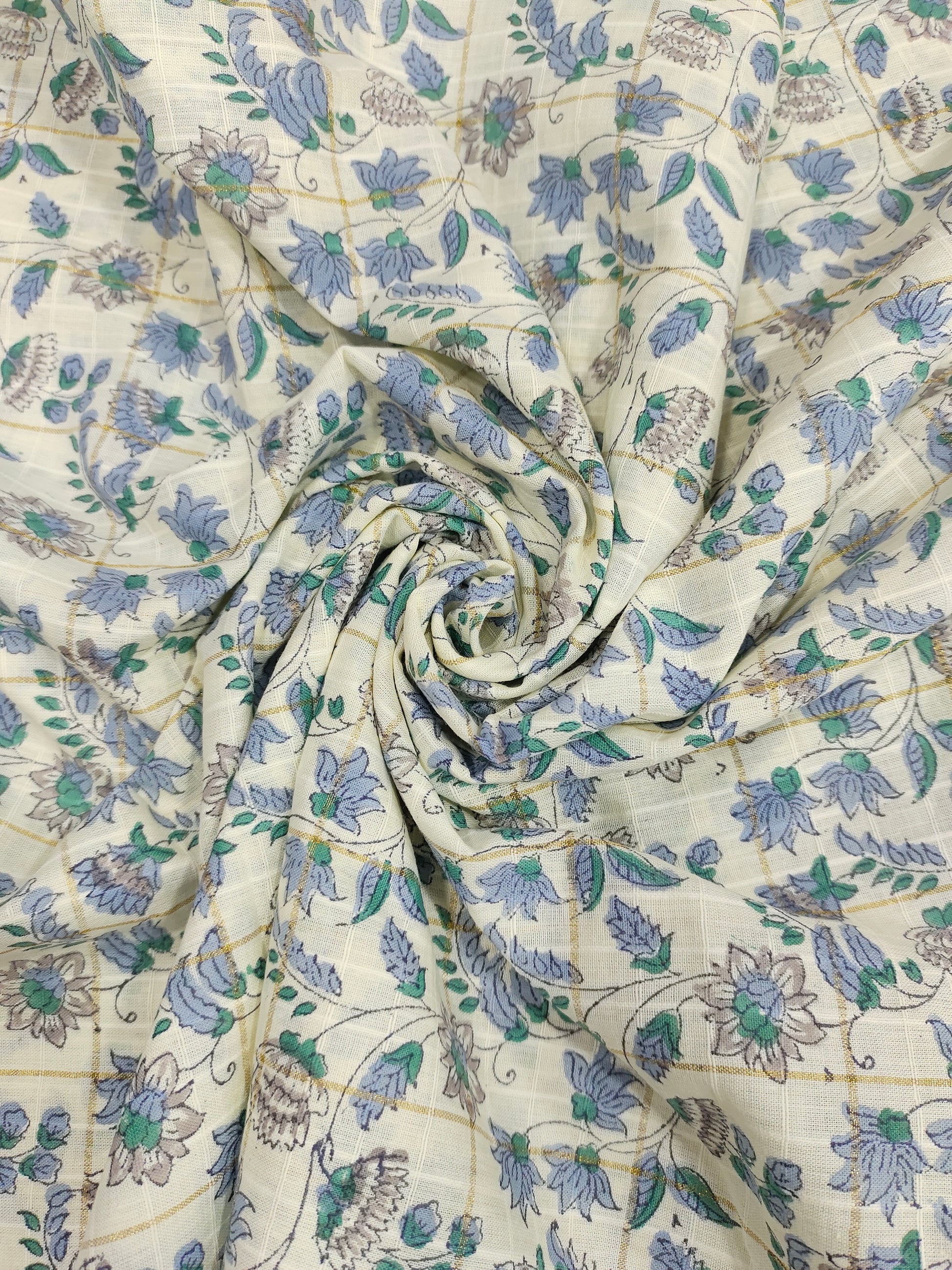 Cotton handblock print in blue and grey wiyh gold checks