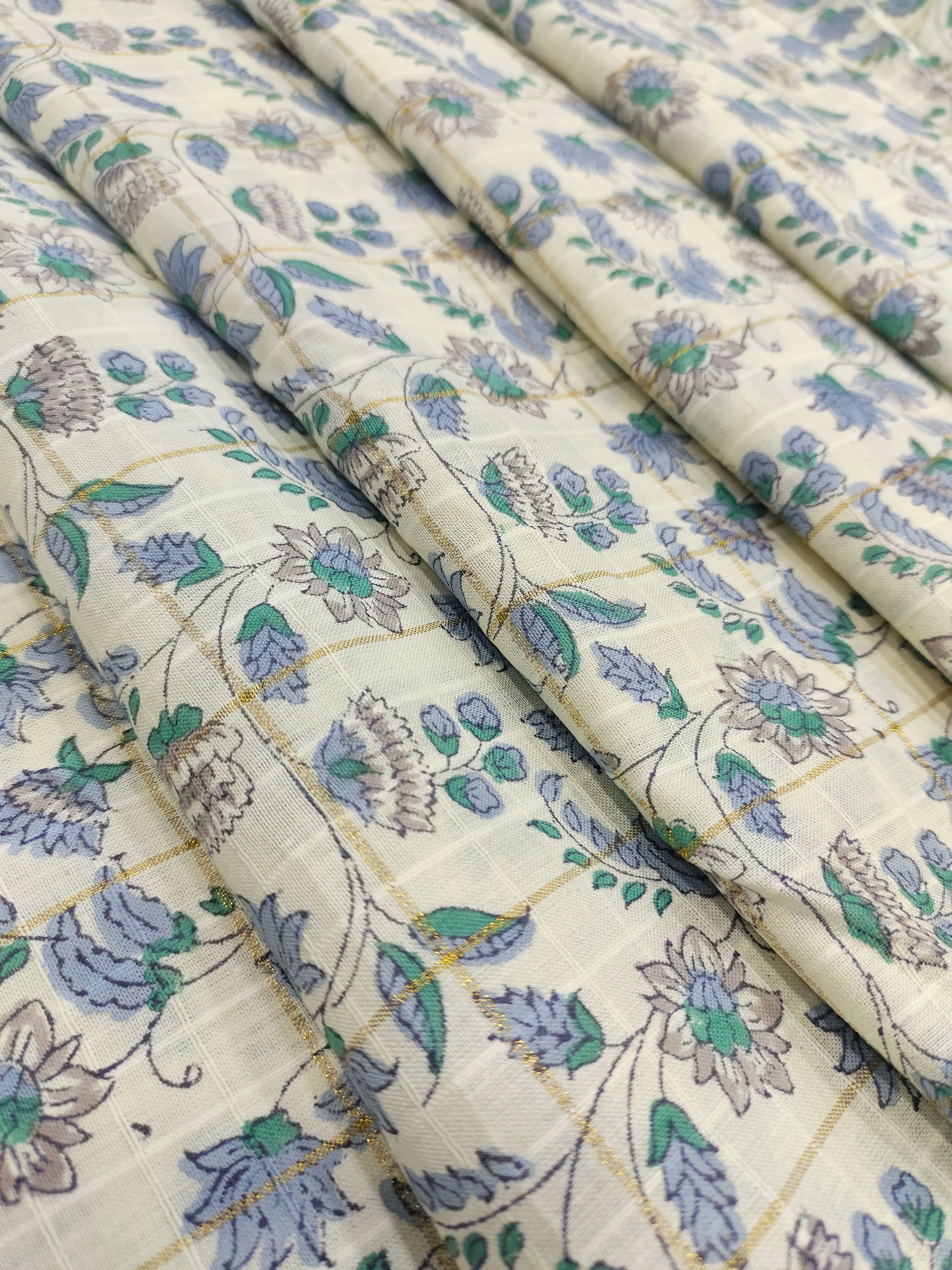 Cotton handblock print in blue and grey wiyh gold checks