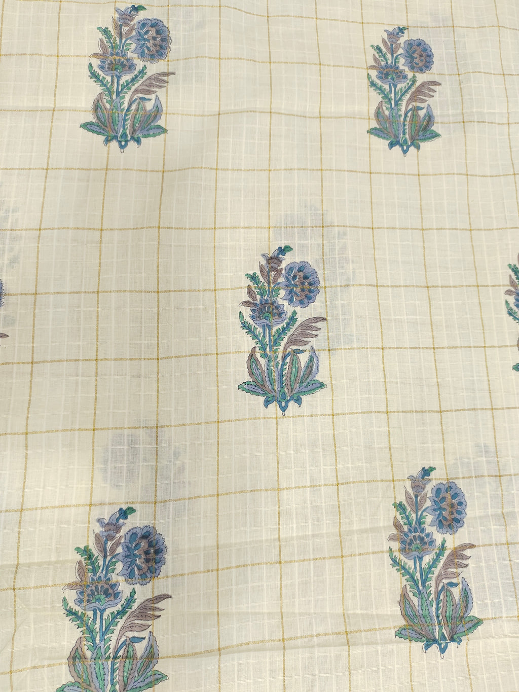 Cotton handblock blue print with gold checks