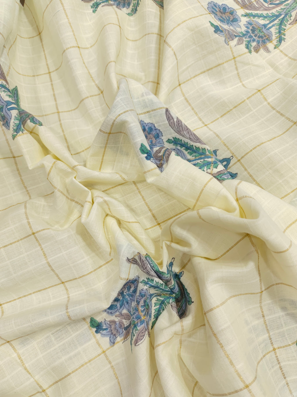 Cotton handblock blue print with gold checks