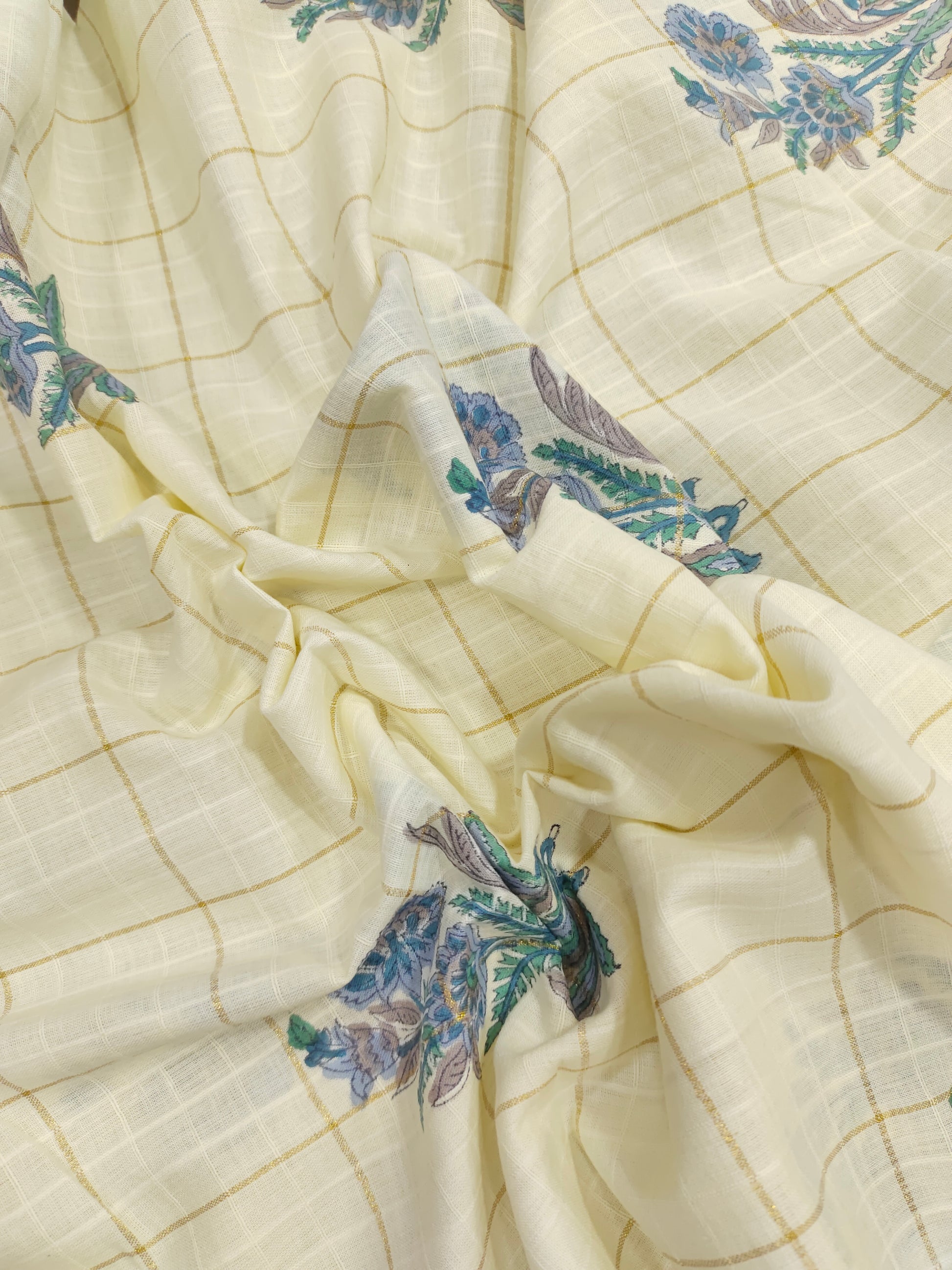 Cotton handblock blue print with gold checks