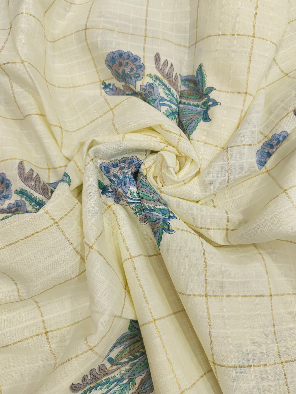 Cotton handblock blue print with gold checks